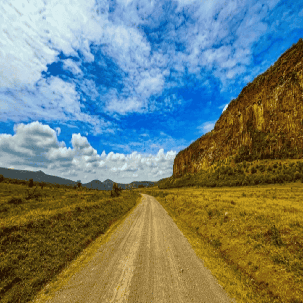 Scenic dirt road under blue sky